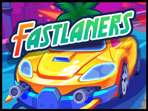 Imagem promocional do jogo Fastlaners com carro esportivo amarelo armado correndo em alta velocidade por ruas coloridas. Jogo de corrida e combate urbano com estilo arcade vibrante.